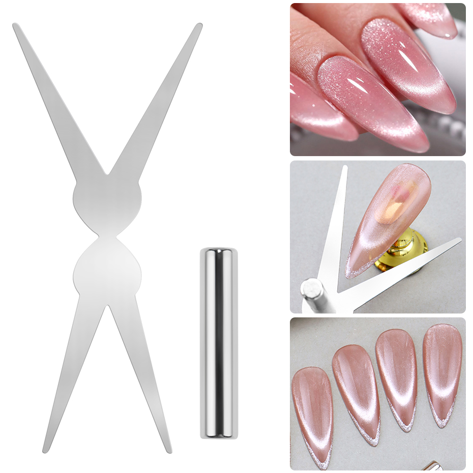 Nail Art Full Cat Eye - ชุดแม่เหล็กทำเล็บแบบแม่เหล็กตาแมว 2 ชิ้น รูปทรงกรรไกรสองหัว สำหรับทำเล็บแบบเฟรนช์ทิป ใช้กับเจลแม่เหล็กสำหรับตกแต่งเล็บ