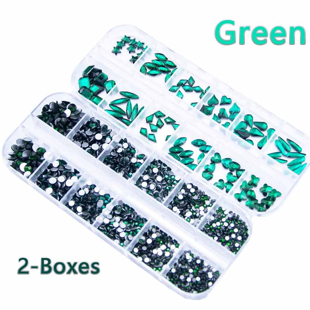 Nail Art Emerald Green - 2 กล่องสีเขียวมรกตเล็บ Rhinestones หลายขนาดด้านล่างแบนอัญมณี DIY ตกแต่งเล็บ