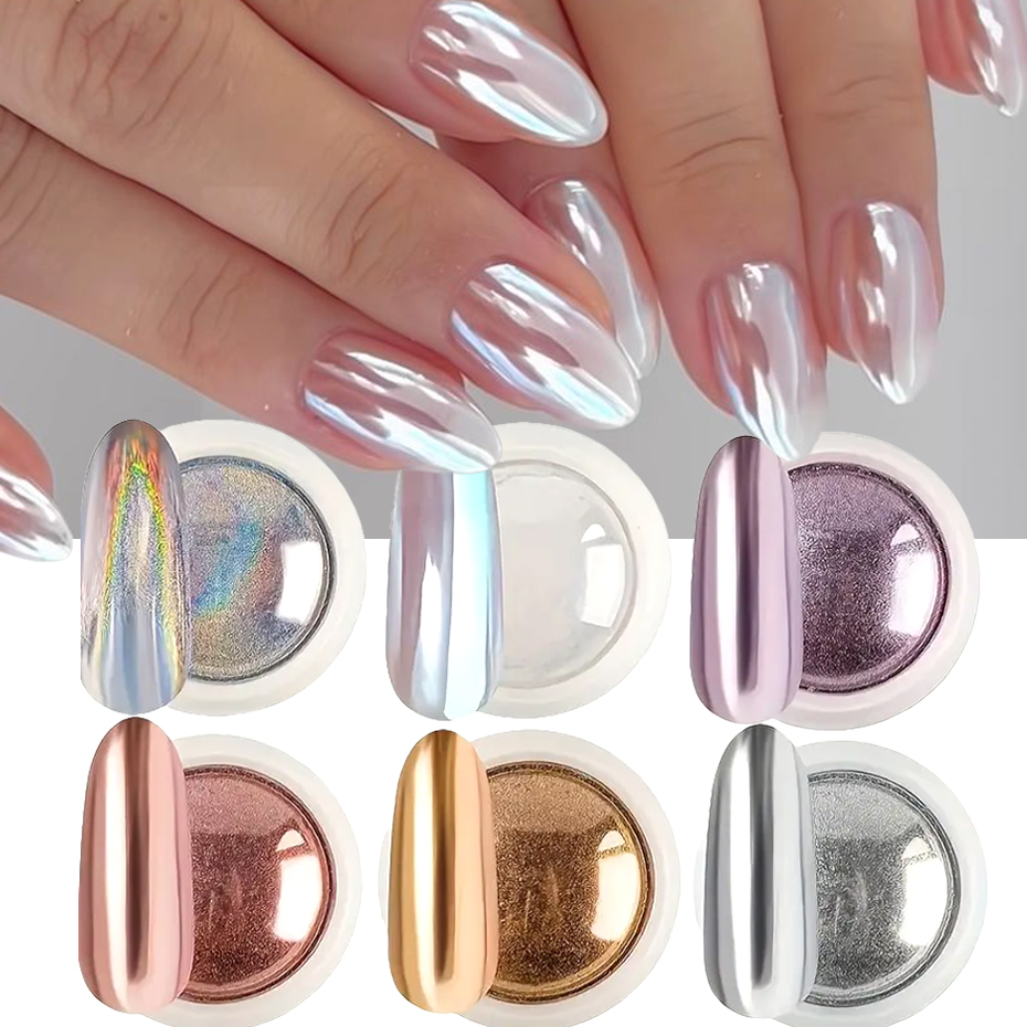 Nail Glitter Chrome - ผงสีโครเมี่ยมสำหรับตกแต่งเล็บ 6 ชิ้น สีขาว ทอง เงิน