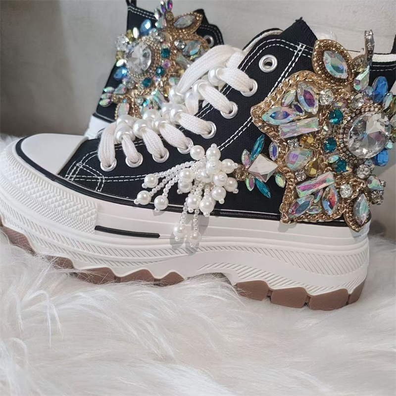 Rhinestone Nail Gem - หนาด้านบนตอกลูกปัด rhinestone ฝอยอัญมณีผ้าใบรองเท้าที่กําหนดเองสีดํา LACE-up ผู้หญิงรองเท้าผ้าใบลําลอง 35-40