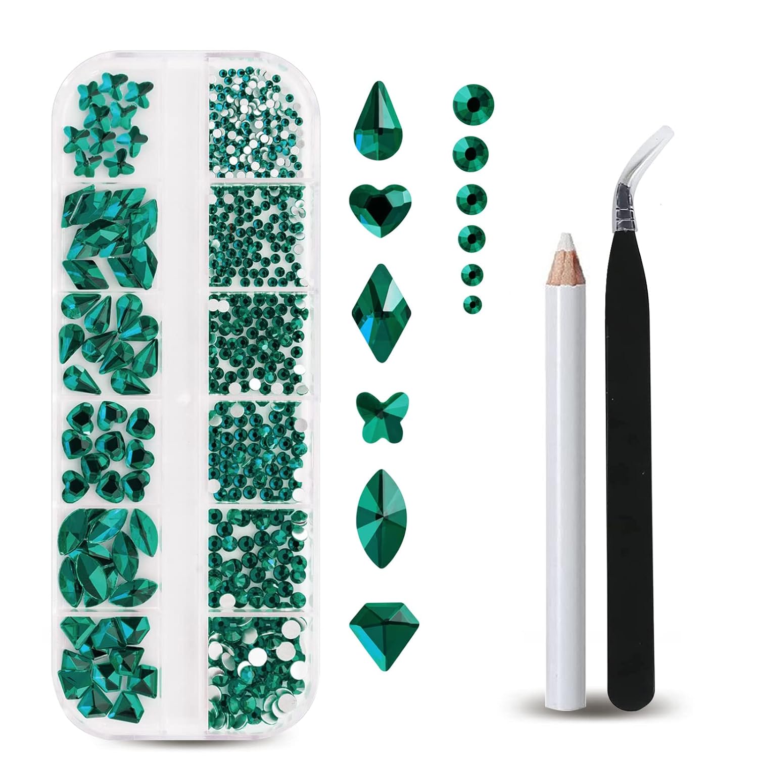 Nail Art Emerald Green - 12 กริด Emerald Flatback เล็บ Rhinestones,แพ็คด้วยเครื่องมือ,
