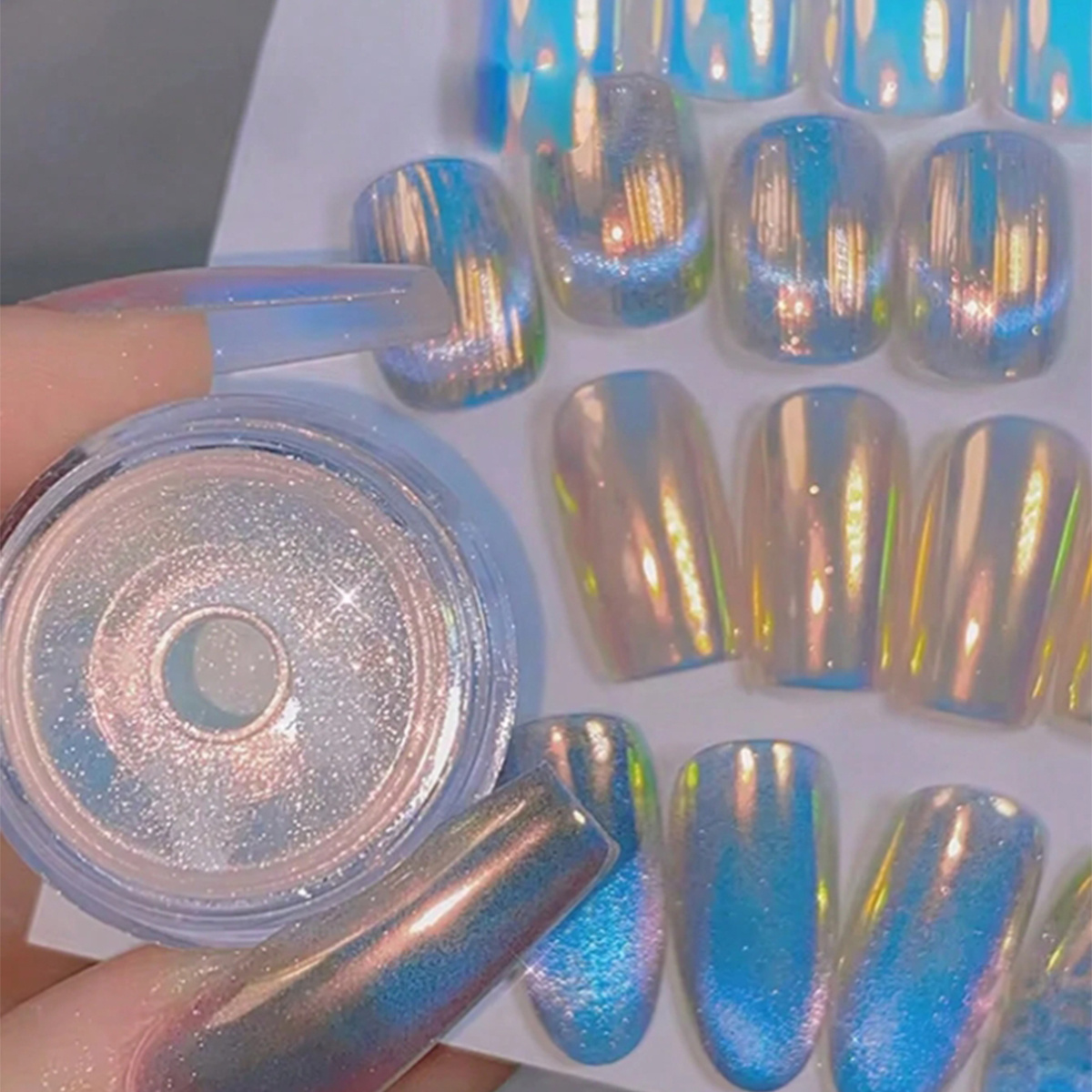 Nail Glitter Chrome - ผงทาเล็บสีโครมเมียมเมอร์เมดออโรร่า 1 ชิ้น สร้างเอฟเฟกต์กระจกเงาแสงจันทร์ยูนิคอร์นในฝัน พร้อมสีแฟลชสำหรับเจลยูวีในการตกแต่งเล็บ