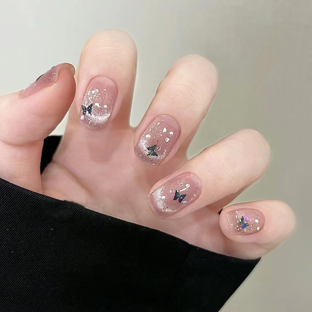 Nail Art Full Cat Eye - เล็บปลอมแบบกดติด 24 ชิ้น ลายผีเสื้อ หัวใจ ประดับกลิตเตอร์