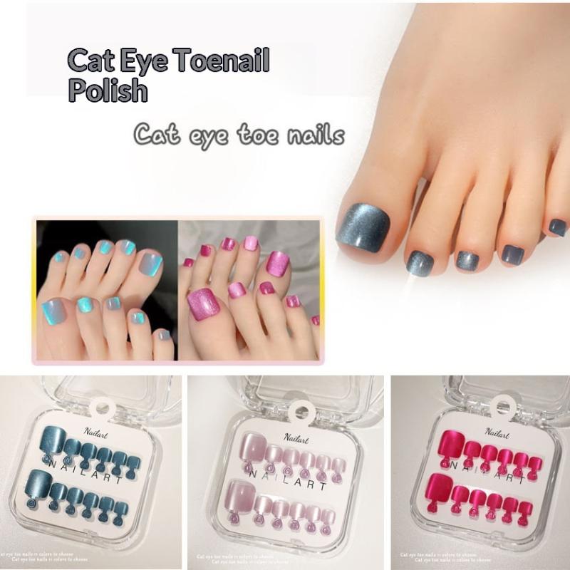 Nail Art Full Cat Eye - เล็บปลอมแบบฝรั่งเศส 10 ชิ้น/กล่อง เงาแบบตาแมว ดีไซน์สวยงาม ทรงสี่เหลี่ยมสั้น