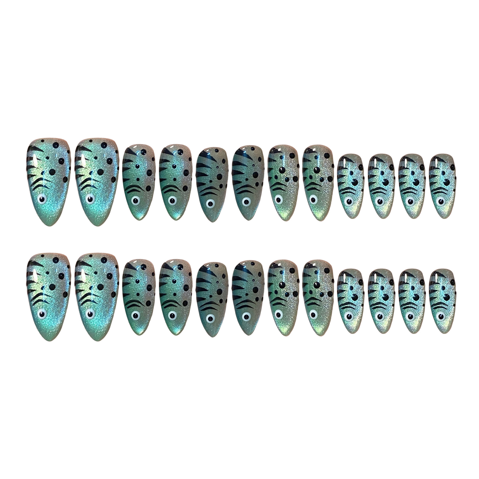 Nail Art Full Cat Eye - เล็บปลอมลายตาแมว 24 ชิ้น แบบกดติด ลายปลา ประดับกลิตเตอร์