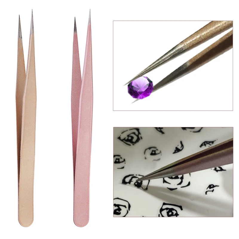 Nail Art Rose Gold - แหนบตรง 1 ชิ้น สีแชมเปญโรสโกลด์ สำหรับงานตกแต่งเล็บ เพชรปลอม