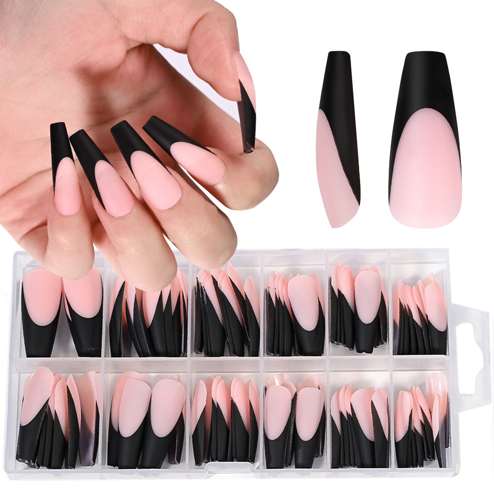 Nail Art Natural - 120PC สีดําภาษาฝรั่งเศสคําเจลเล็บเคล็ดลับ Matte ยาวโลงศพกดบนเล็บ 12 ขนาด