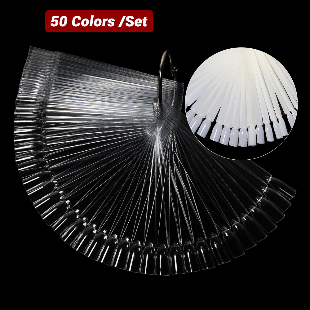 Nail Art Natural - แท่นโชว์เล็บปลอม 50 ชิ้น สีใสธรรมชาติ รูปทรงพัด แบบถอดได้