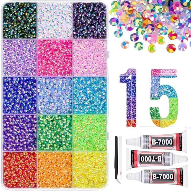 Rhinestone Nail Gem - ชุดอุปกรณ์ตกแต่งเรซิ่น 15 สี ชุดอุปกรณ์ตกแต่งด้วยคริสตัลเจลลี่ สำหรับตกแต่งเสื้อผ้า เล็บ