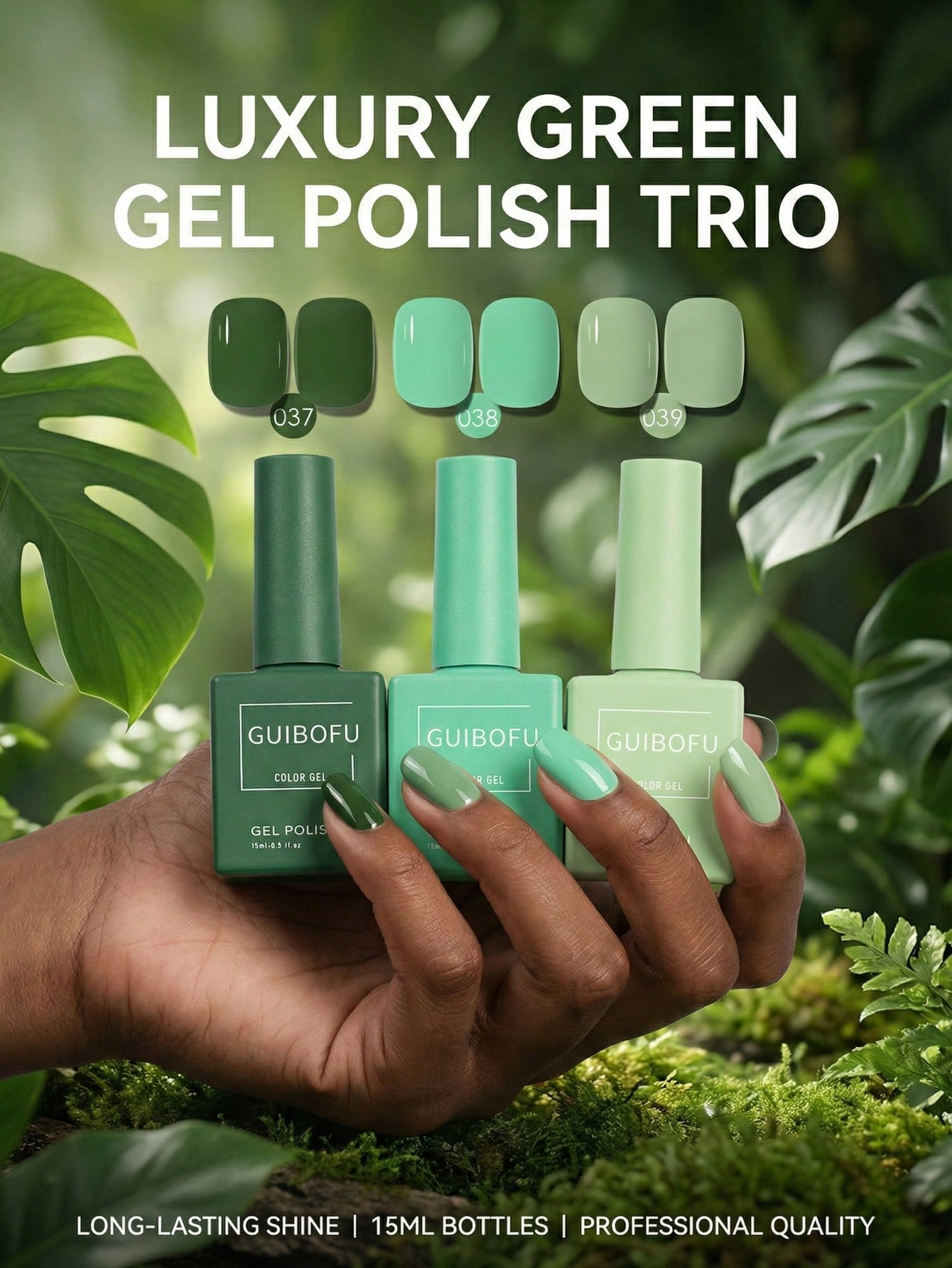 Nail Art Emerald Green - 3 ชิ้น/ชุด เจลทาเล็บสีเขียวป่า 15 มล., สีเขียวมรกตเข้ม,