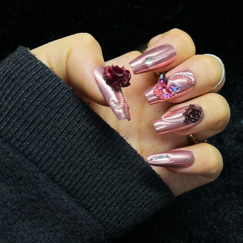 Nail Art Rose Gold - เล็บปลอมสีโรสโกลด์ 10 ชิ้น แบบกดติด 3 มิติ