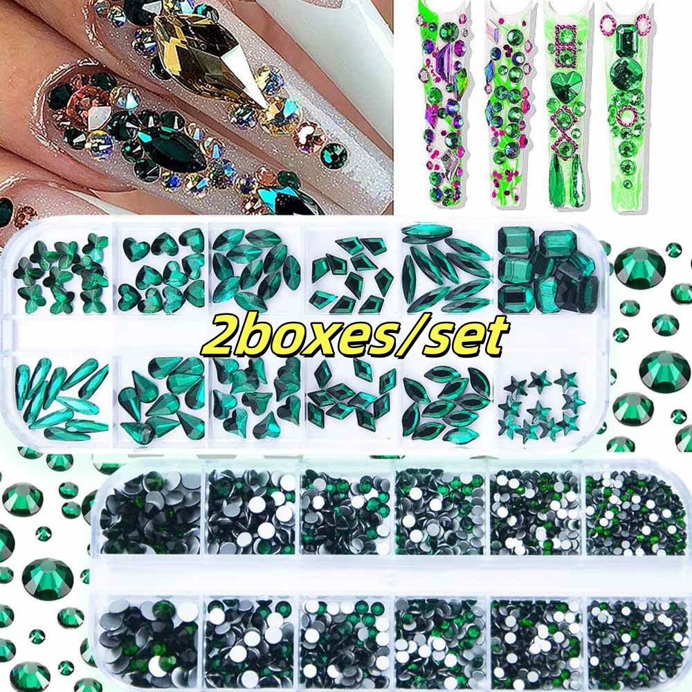 2 กล่องสีเขียวมรกตเล็บ Rhinest - Nail Art Emerald Green บทวิจารณ์และราคา