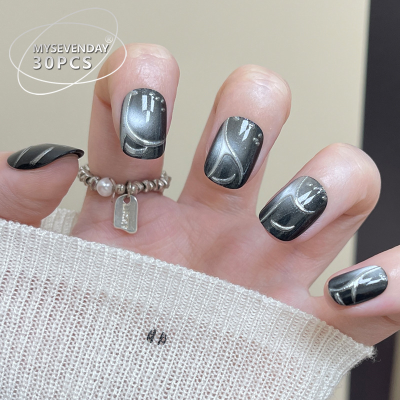 เล็บปลอมสีดําทําด้วยมือฝรั่งเศ - Nail Art Full Cat Eye บทวิจารณ์และราคา