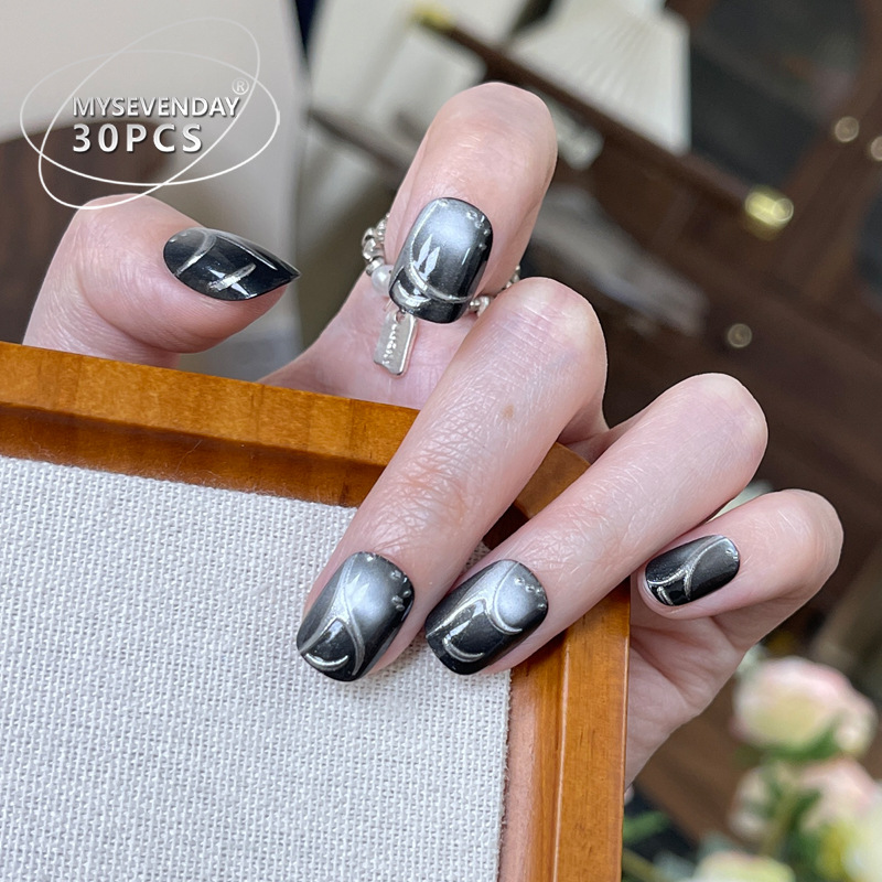เล็บปลอมสีดําทําด้วยมือฝรั่งเศ - Nail Art Full Cat Eye บทวิจารณ์และราคา