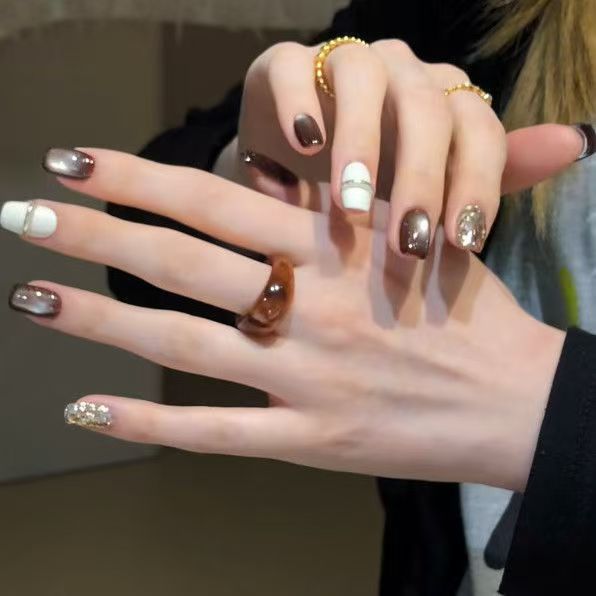เล็บปลอมทำมือ 10 ชิ้น สีน้ำตาล - Nail Art Full Cat Eye บทวิจารณ์และราคา